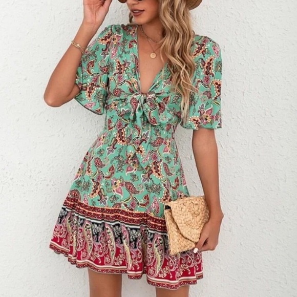Boho navy Floral Paisley Print Butterfly Sleeve Mini Dress - Picture 2 of 12